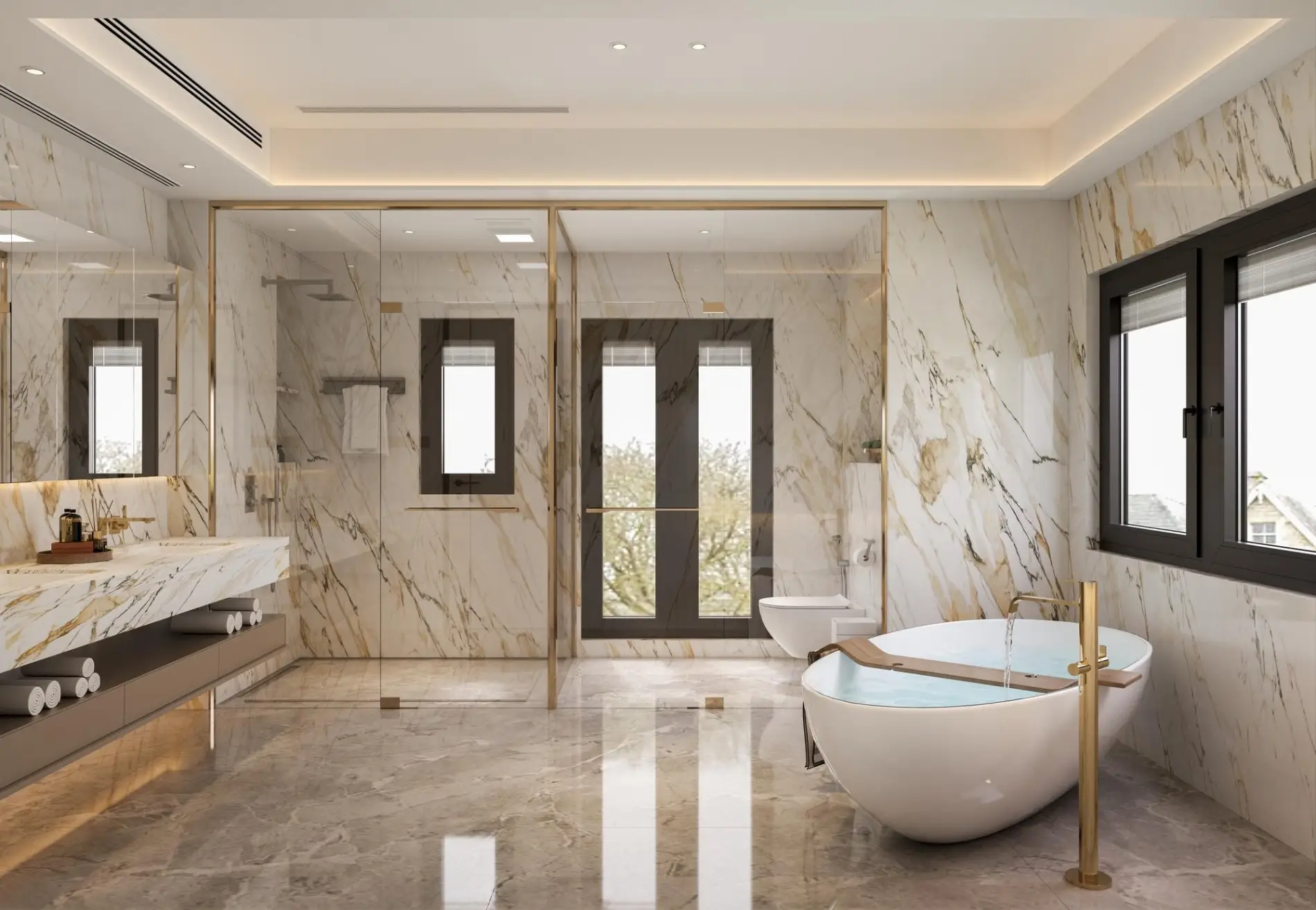 Rénovation des murs et du sol en marbre d'une salle de bains luxueuse